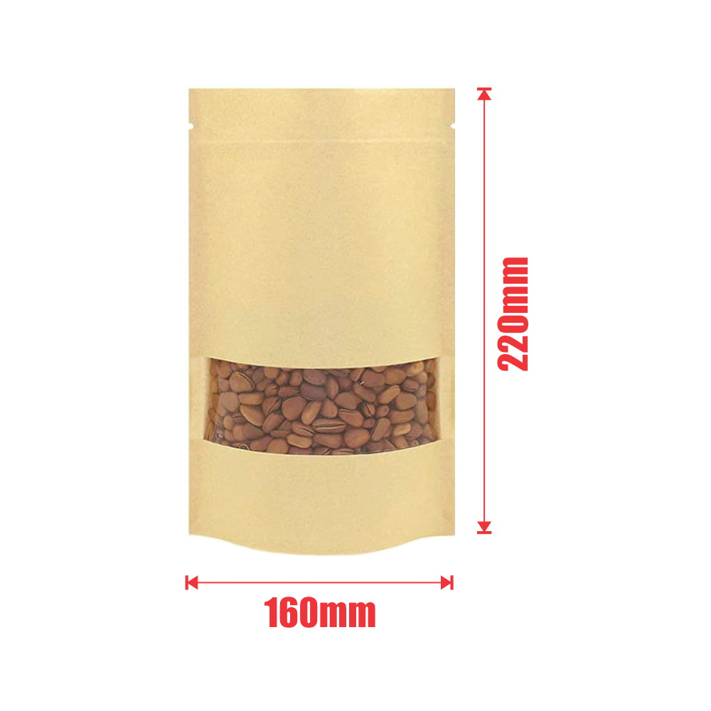 100pcs Kraft Paper Stand Up Pouches with Window 200G160x220mm