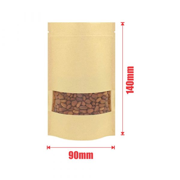100pcs Kraft Paper Stand Up Pouches with Window 28G90x140mm